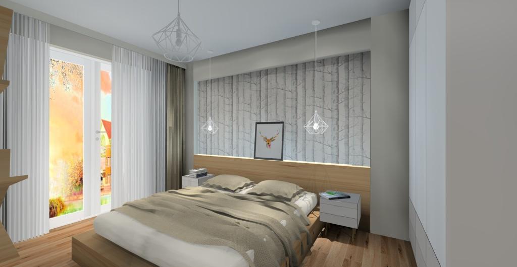 Sypialnia w stylu skandynawskim, biała szafa, tapeta nad łóżkiem brzozy, drewniana podłoga